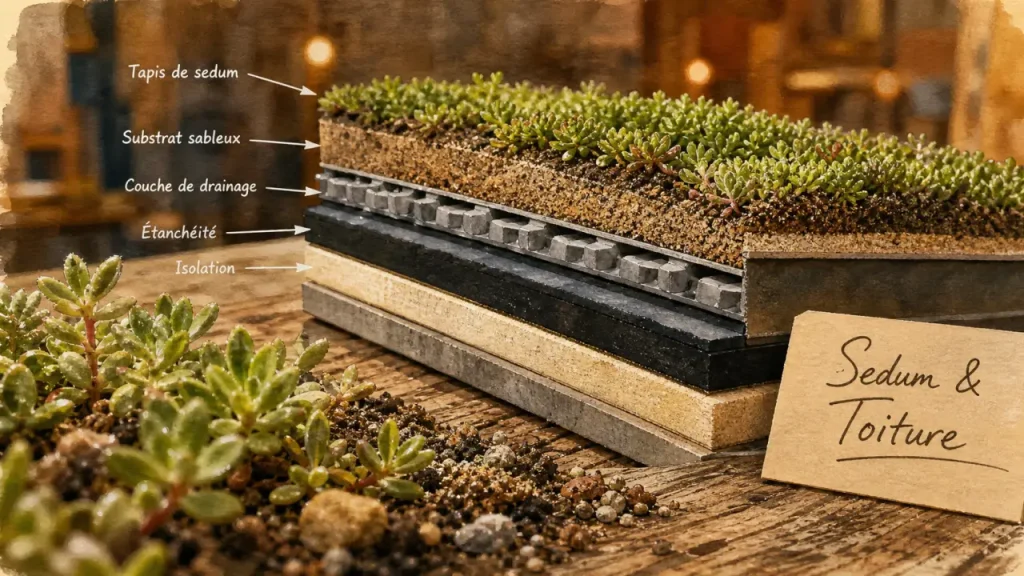 Toiture végétalisée sedum : couches techniques, drainage et tapis de sedum