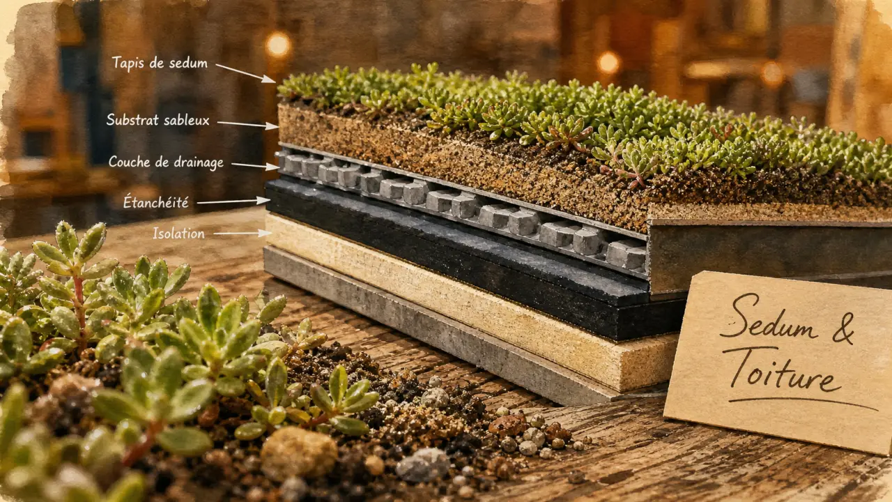 Toiture végétalisée sedum : couches techniques, drainage et tapis de sedum