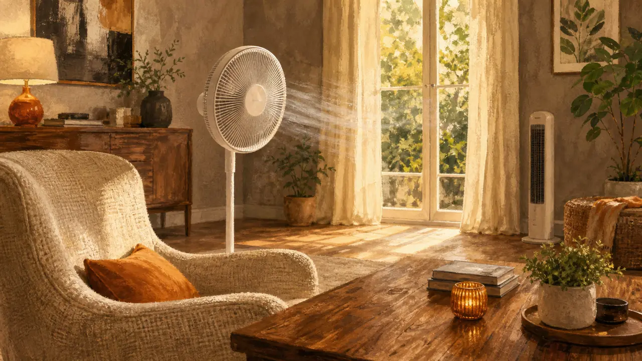 Ventilateur sur pied en fonctionnement dans un grand salon lumineux