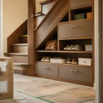 Aménagement sous escalier sur-mesure avec porte battante, tiroirs et niches