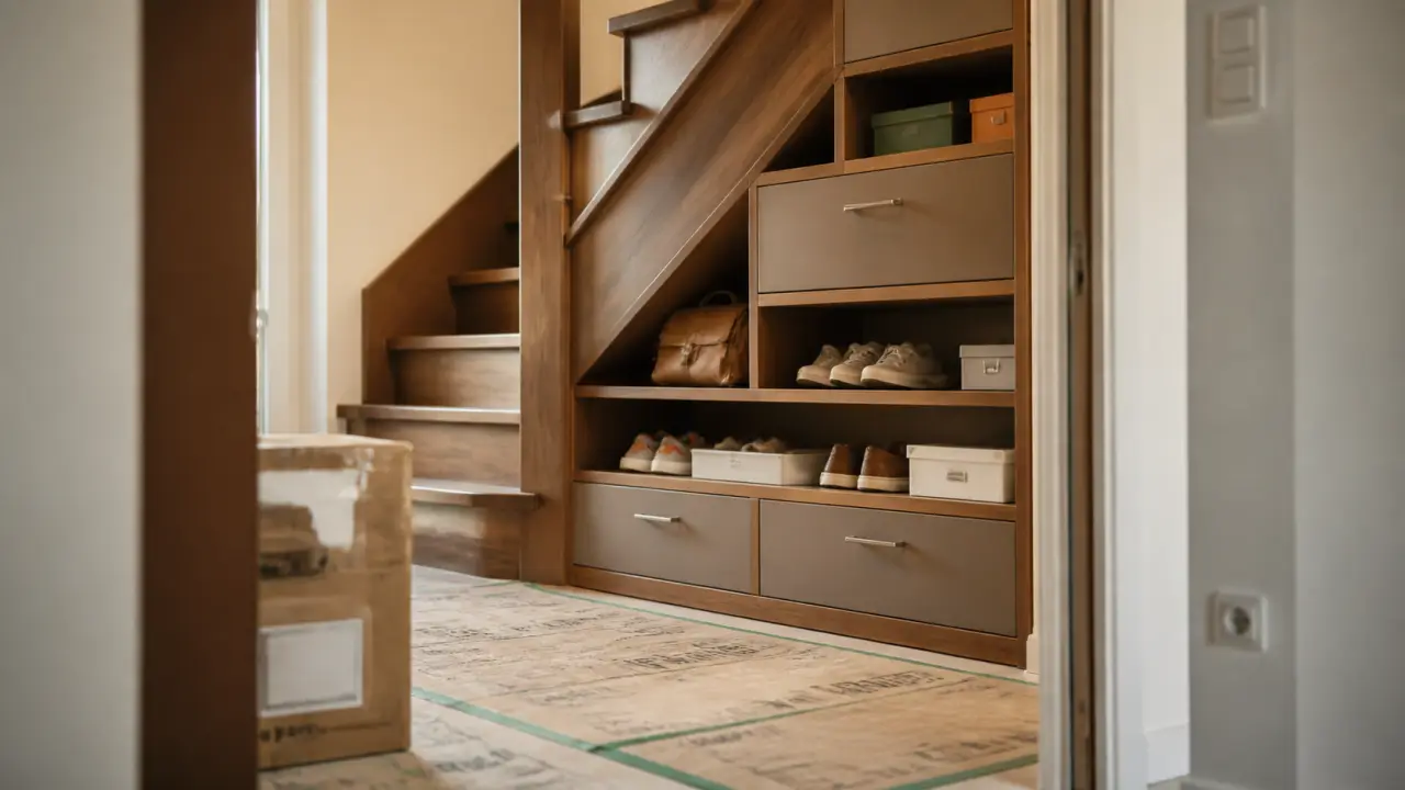 Aménagement sous escalier sur-mesure avec porte battante, tiroirs et niches