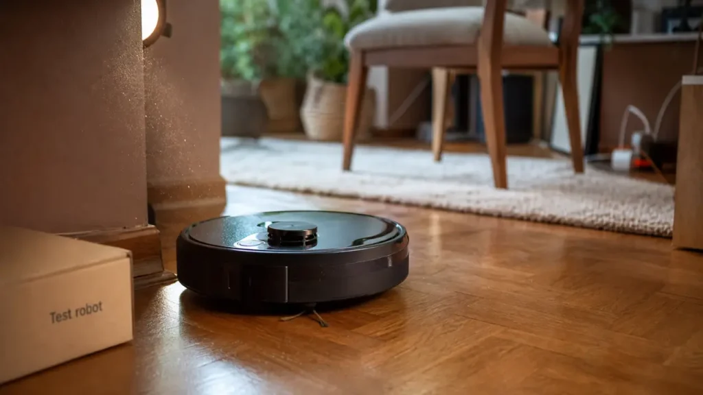 Aspirateur robot test en intérieur, navigation sur tapis et entretien