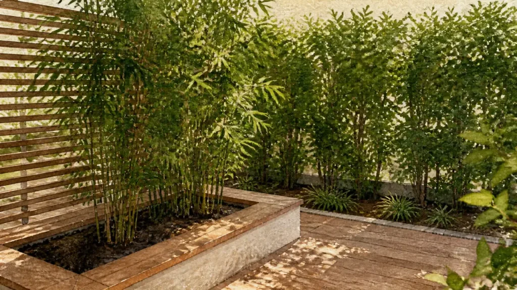 Bambou non traçant brise vue en bac profond, hauteur adaptée anti-envahissement