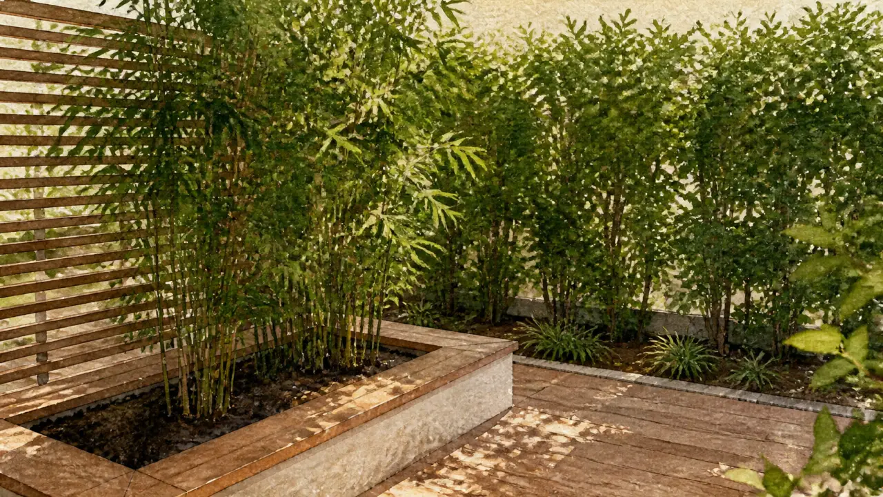Bambou non traçant brise vue en bac profond, hauteur adaptée anti-envahissement