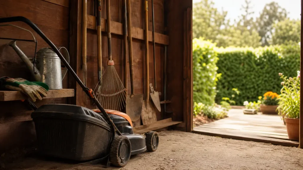 Cabane à outil de jardin en bois, ouverte sur jardin potager, outils rangés