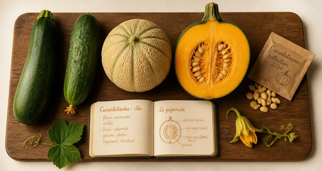 Cucurbitacées liste : clés cuisine, courgette, concombre, melon, potiron
