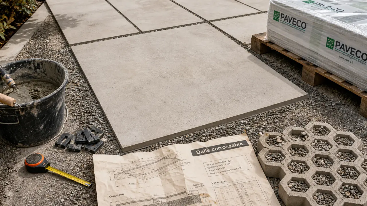dalle béton carrossable sur lit de gravillons, chantier