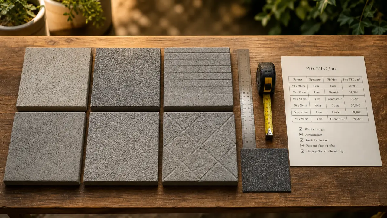 Dalle terrasse en beton sur plots 2 cm, texture antidérapante, prix au m²