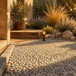 Déco gravier pour allée perméable, bordure pierre et massifs