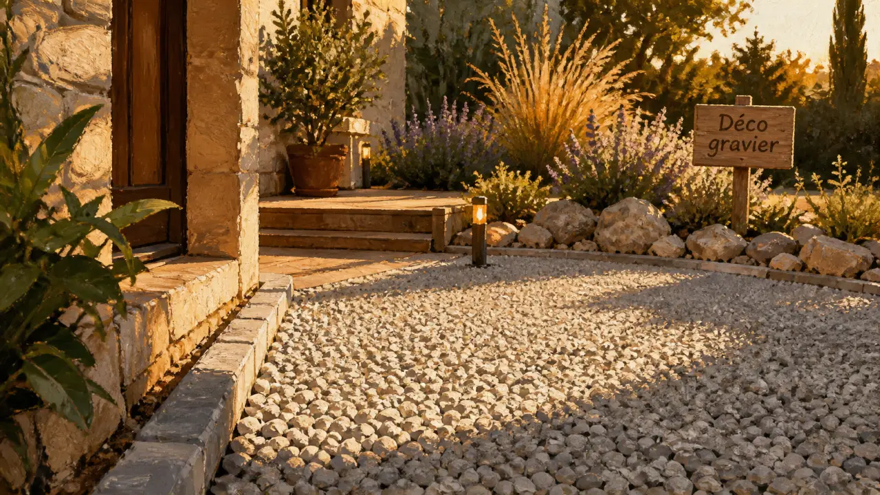 Déco gravier pour allée perméable, bordure pierre et massifs