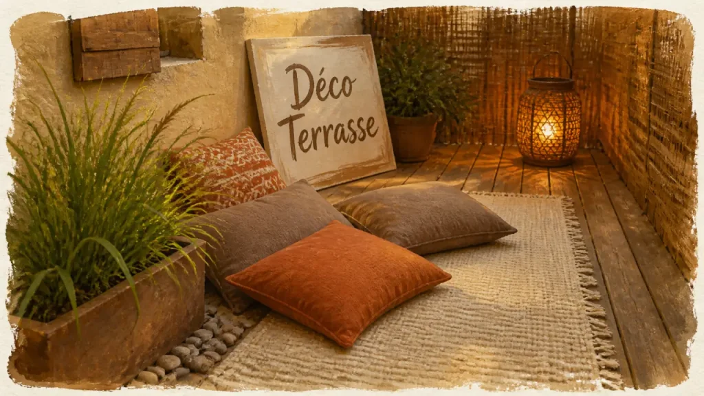 Déco pour terrasse : lumiere douce sur tapis, coussins et jardiniere