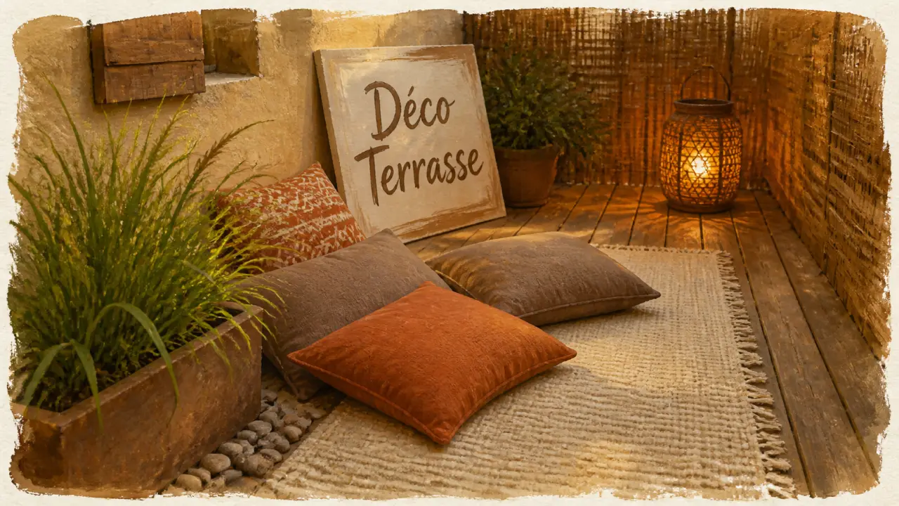 Déco pour terrasse : lumiere douce sur tapis, coussins et jardiniere