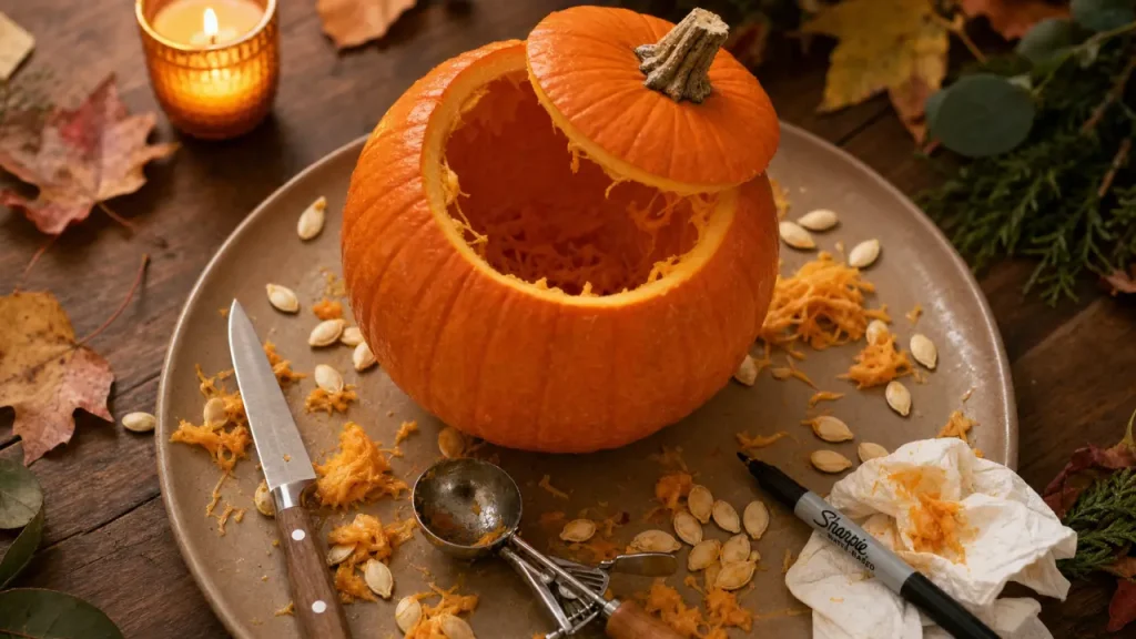 Decorer une citrouille d’Halloween sans la casser, citrouille orange évidée sur table