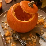 Decorer une citrouille d’Halloween sans la casser, citrouille orange évidée sur table