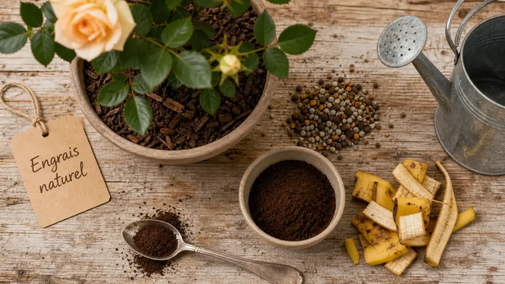 Engrais rosier naturel au pied : granulés bio et marc de café