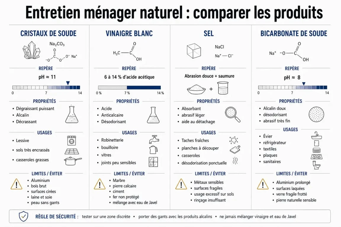 Cristaux de soude vinaigre sel : comparatif visuel des usages, propriétés et précautions pour l’entretien ménager naturel