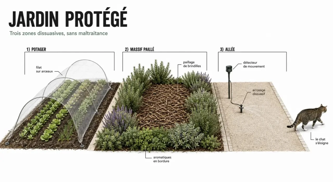Répulsif chat jardin : jardin protégé avec filet, paillage et détecteur de mouvement