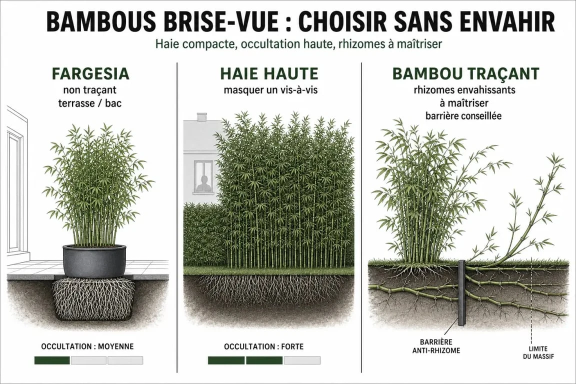 Comparatif visuel d’un bambou non traçant brise vue pour terrasse et jardin