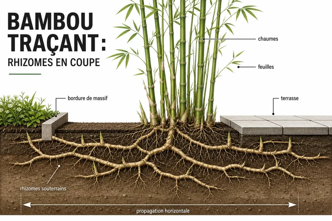 Produit pour tuer des bambous : schéma des chaumes et des rhizomes souterrains