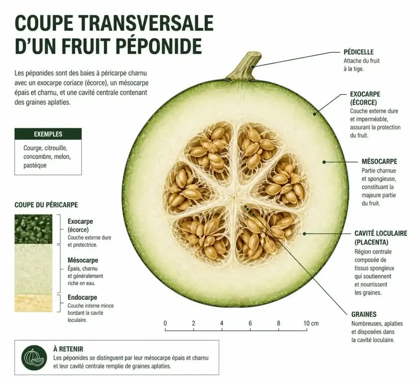Structure botanique d'un fruit de cucurbitacée péponide
