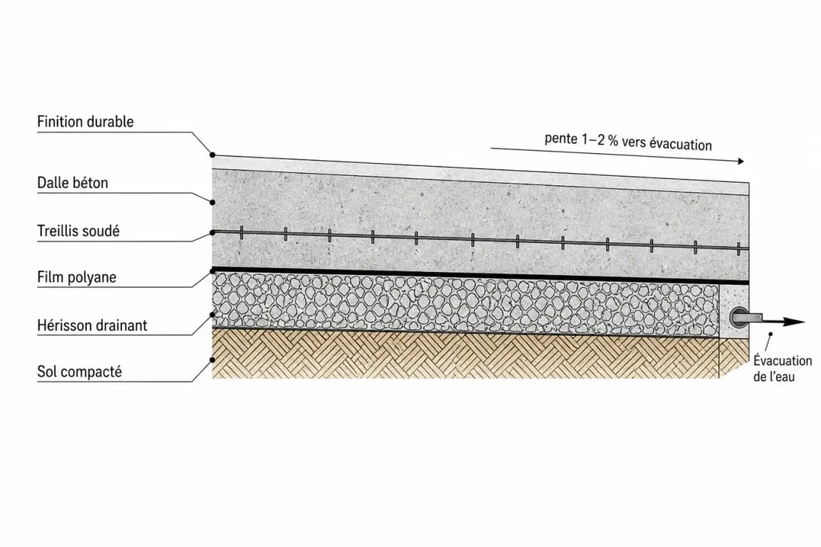 Schéma du béton pour dalle exterieur montrant le support, le film polyane, le ferraillage et la pente