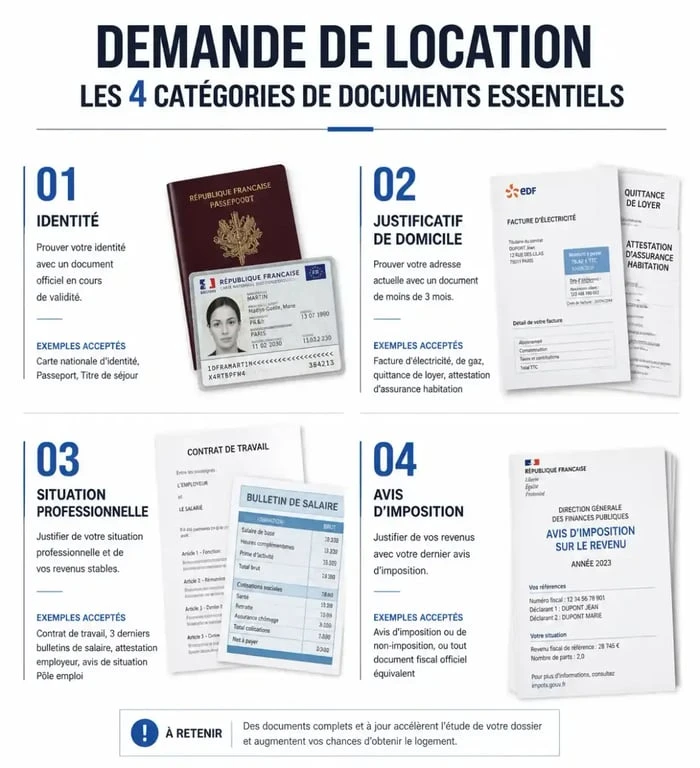 Infographie des 4 piliers du dossier de location pour constituer son dossier de location