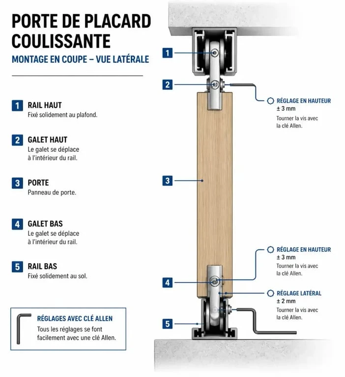 Schéma de montage pour poser une porte de placard coulissante