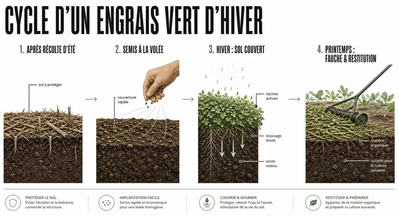 Schéma de cycle d’un engrais vert hiver au potager, du semis à la restitution au sol