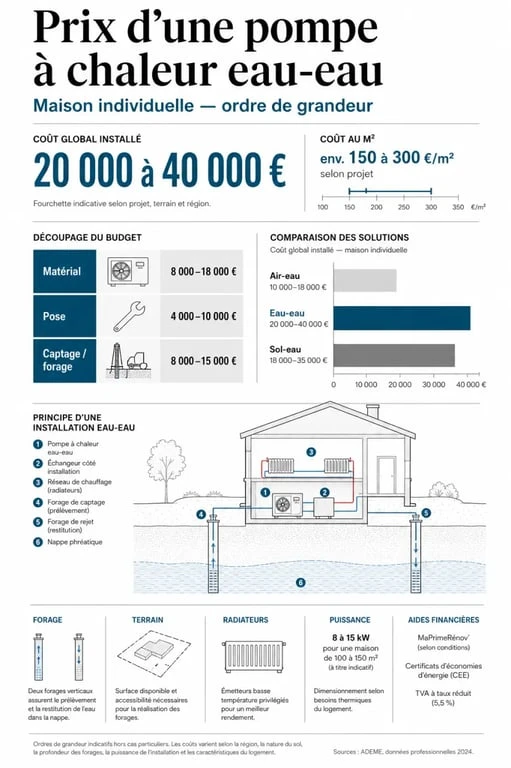 Prix pompe chaleur eau eau : infographie sur les fourchettes de budget, le coût au m² et les facteurs de variation