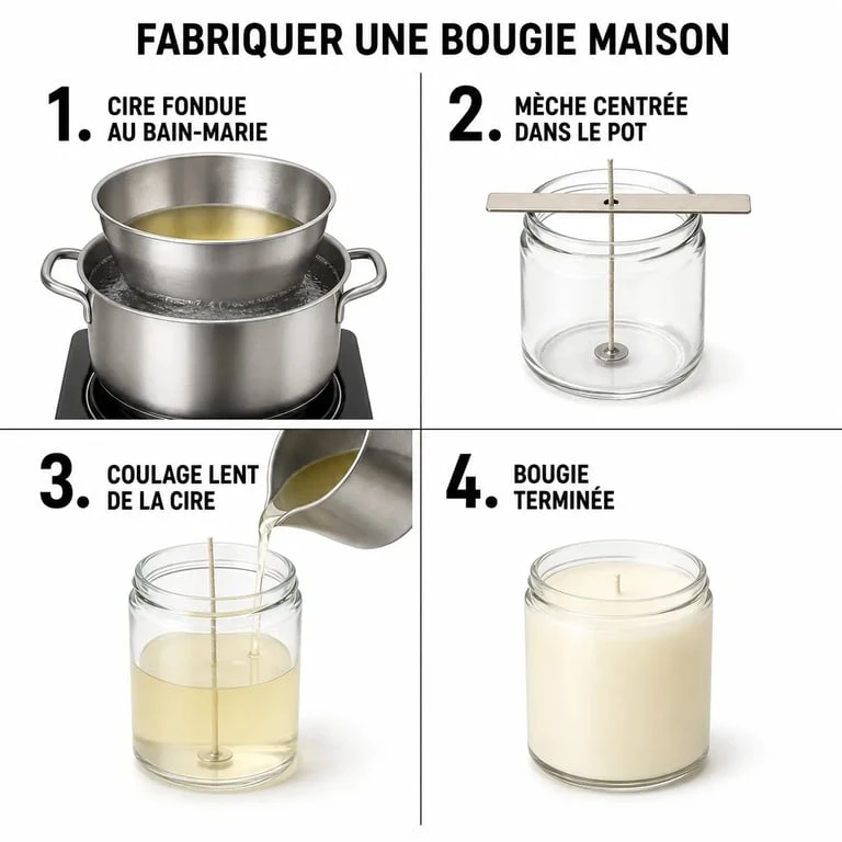 Fabriquer une bougie en quatre étapes dans une composition éditoriale
