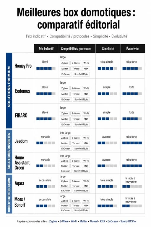 Comparateur box domotique en infographie comparative des principales solutions et de leurs critères clés