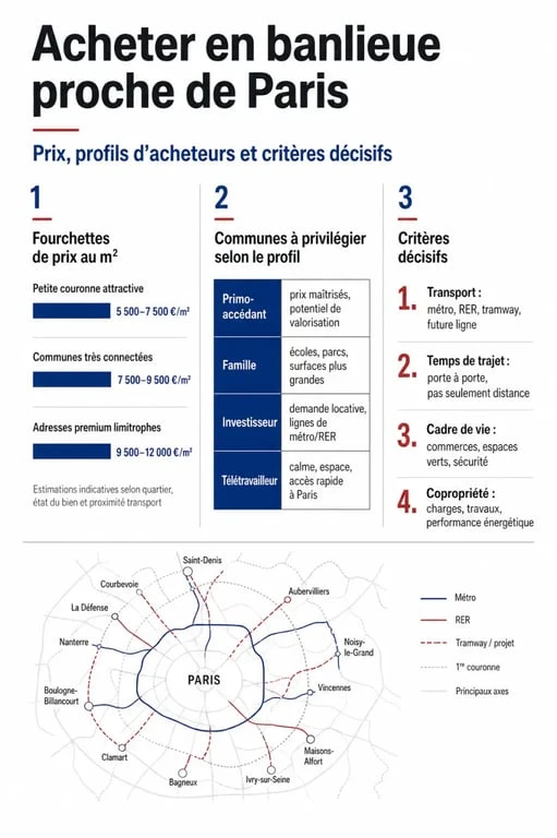 Acheter appartement banlieue proche Paris : infographie des prix au m², transports et profils d’acheteurs