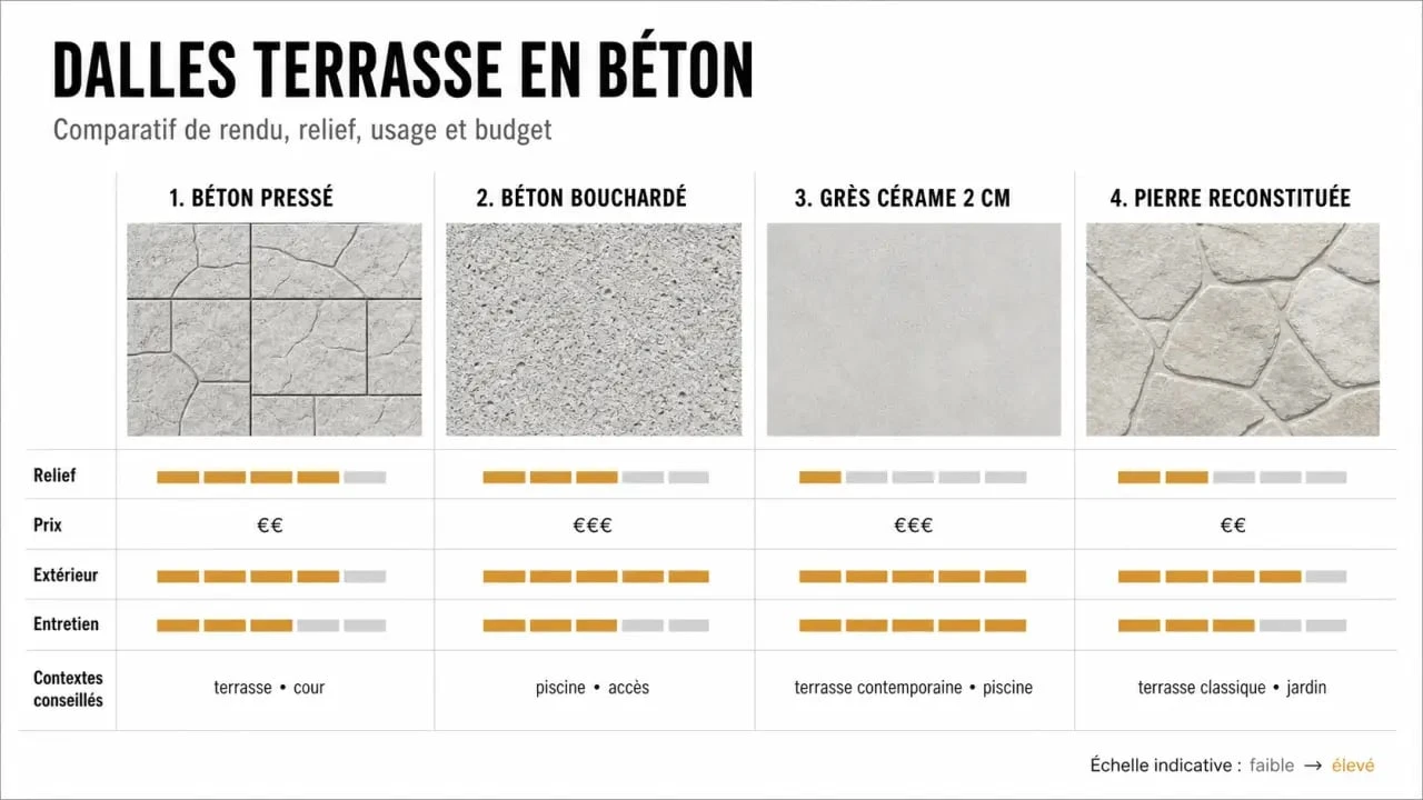 Comparatif des dalles terrasse en beton selon le matériau, la finition et l’usage extérieur