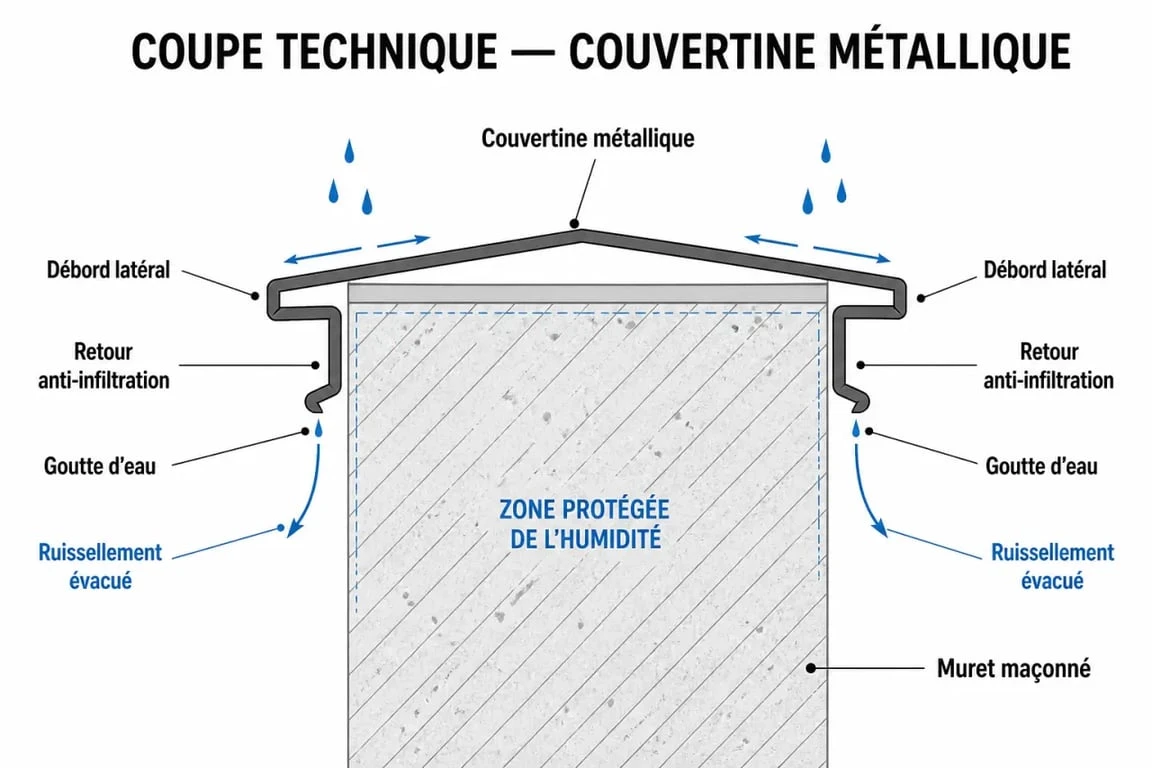 Schéma technique d'une couvertine de mur avec retour anti-infiltration