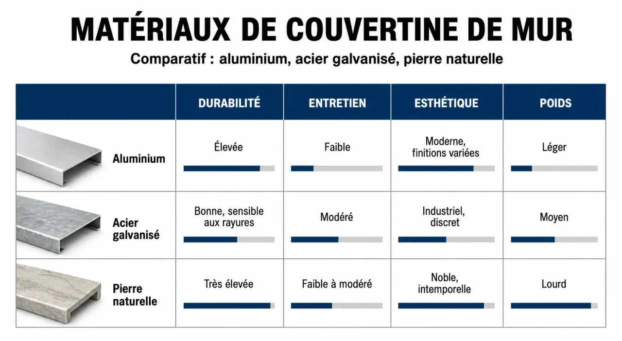 Comparatif des matériaux pour couvertine de mur : aluminium, acier et pierre naturelle