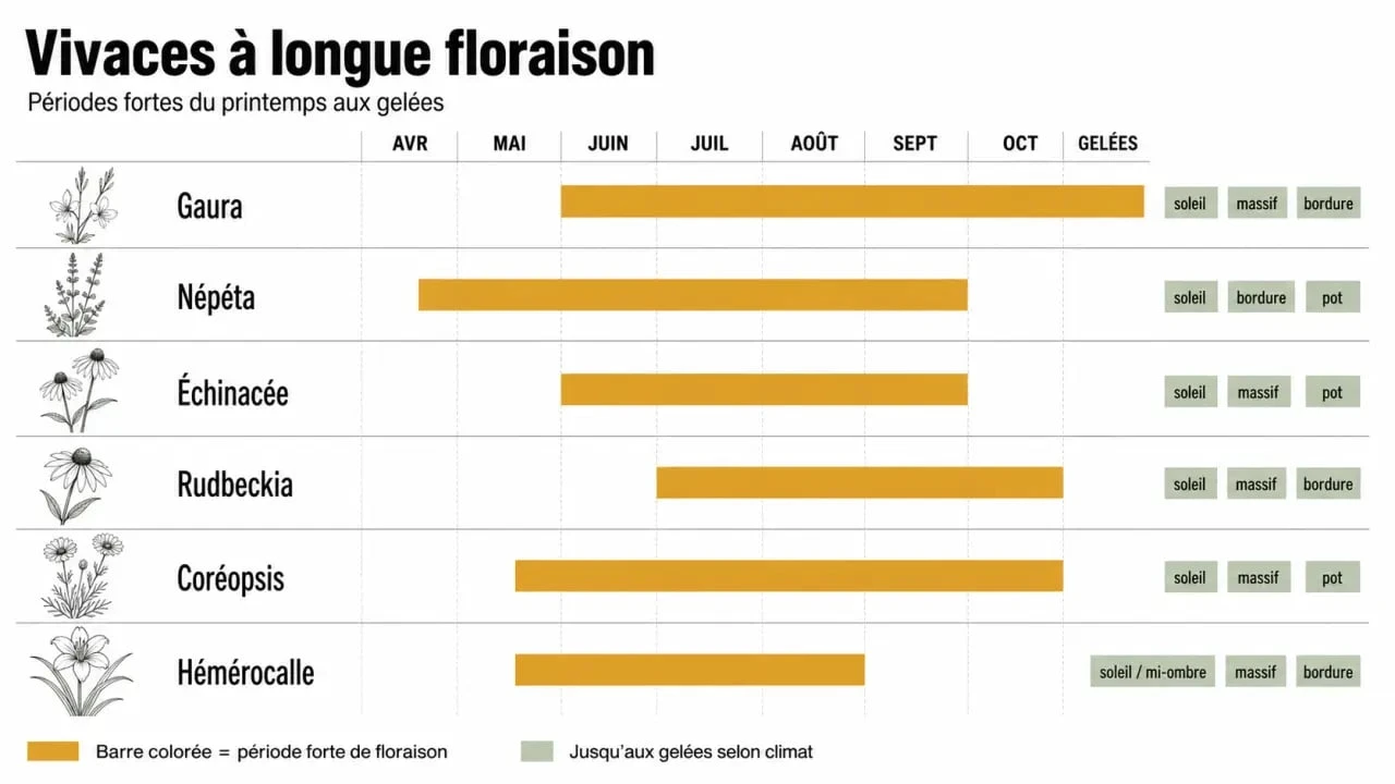 Fleur vivace longue floraison : calendrier comparatif des variétés, expositions et périodes de floraison
