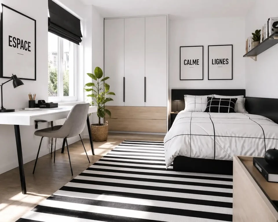 Chambre ado noir et blanc avec lit graphique, bureau et tapis rayé