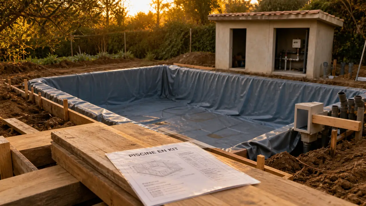 Fabrication d une piscine : chantier 10 m², 1,80 m, fosse et local technique