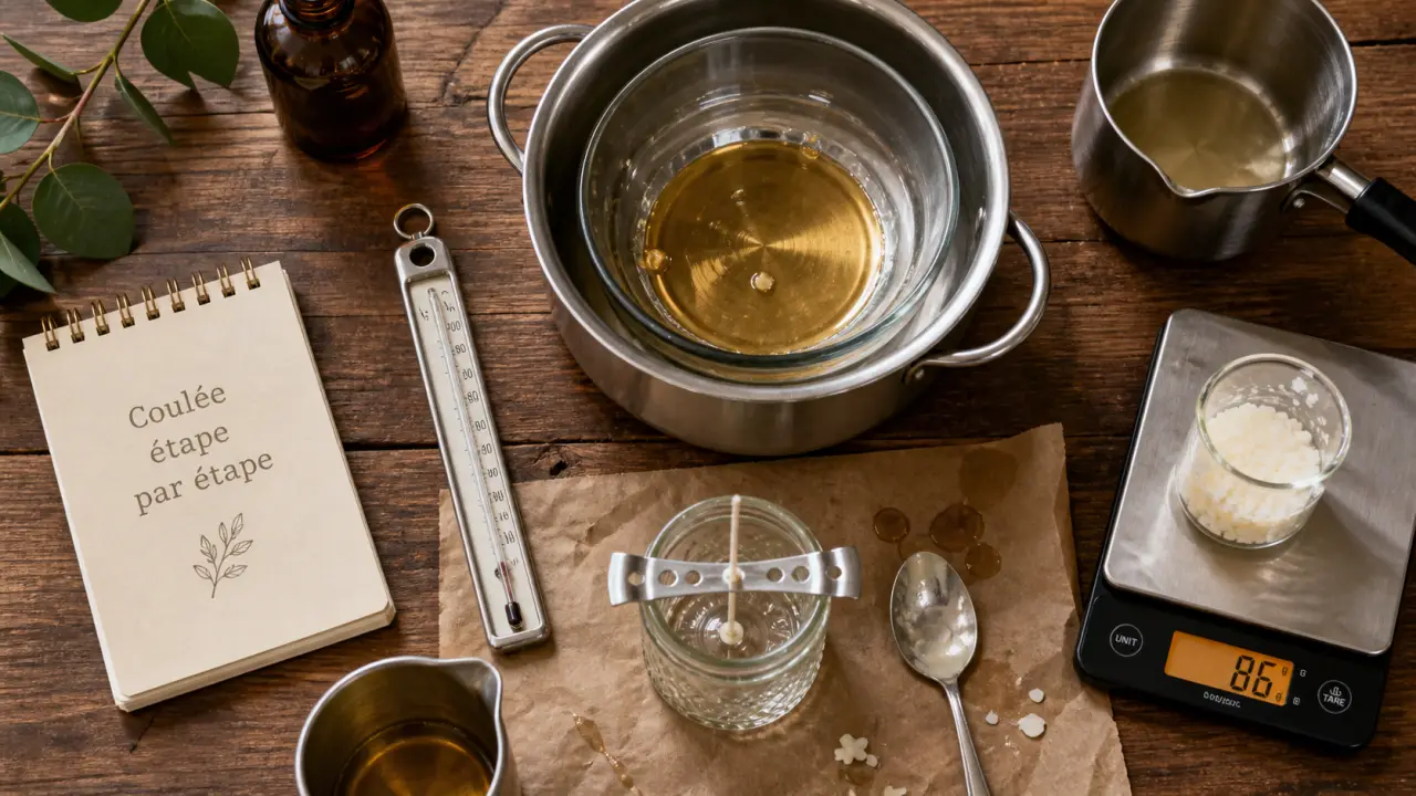 Fabriquer une bougie : cire fondue, mèche centrée, bain-marie et thermomètre