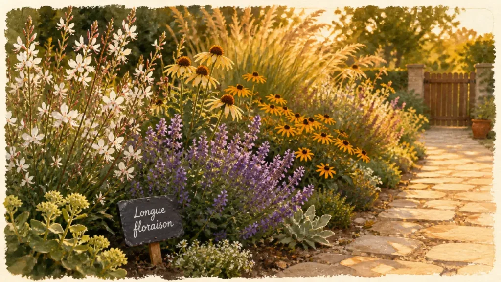 Fleur vivace longue floraison : fleurs et massif au soleil