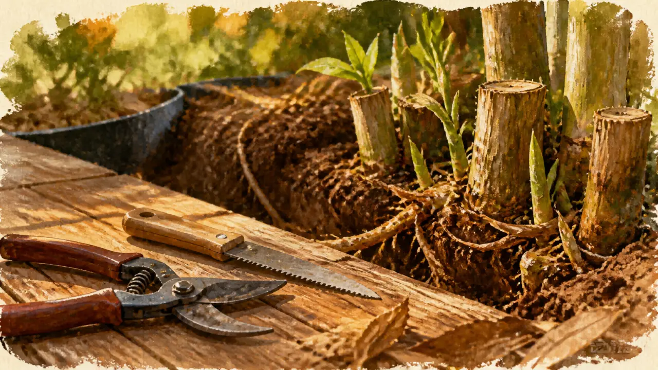 Produit pour tuer des bambous : sécateur sur bambou et rhizomes affaiblis