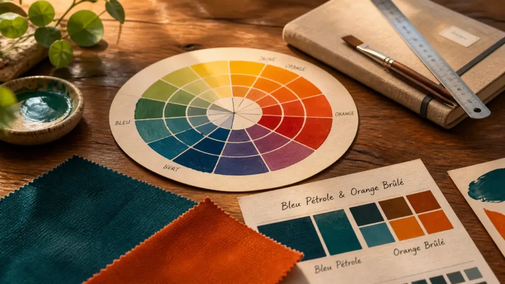 Complémentaire couleur bleu pétrole et orange brûlé : contraste textile