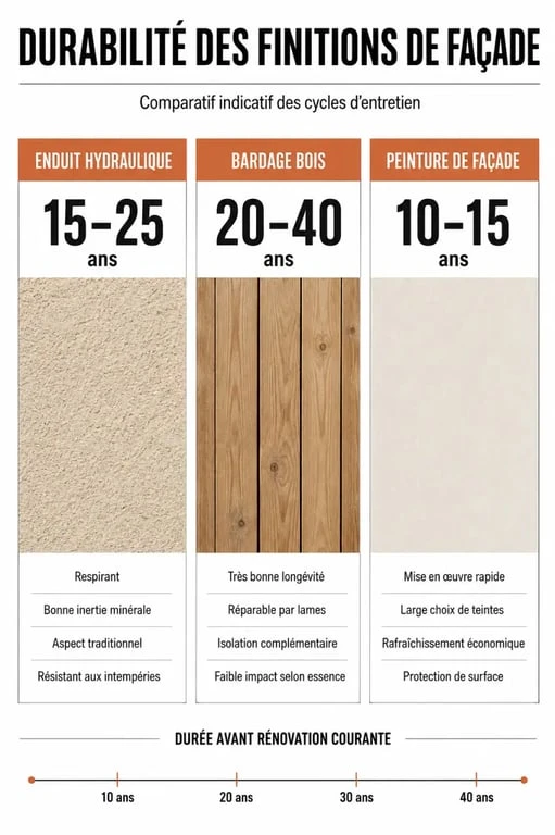 Rénovation facade maison : comparaison de l’enduit hydraulique, du bardage bois et de la peinture selon leur durabilité