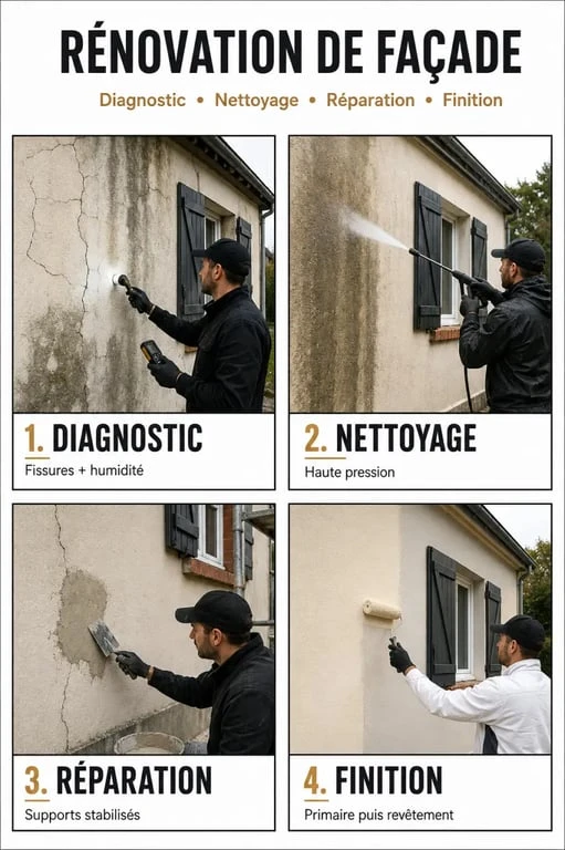 Rénovation facade maison : étapes de chantier avec diagnostic, nettoyage, réparation et finition