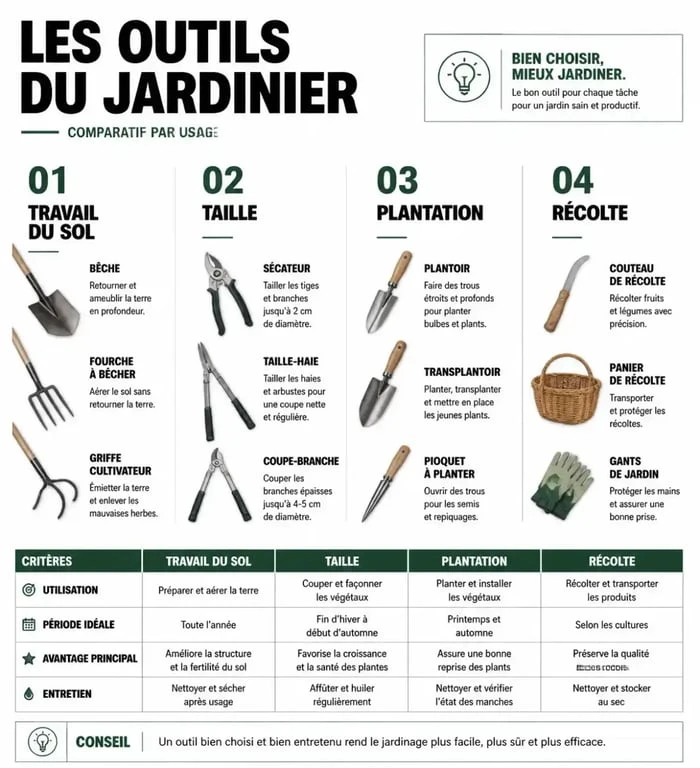 Infographie des outils du jardinier par usage