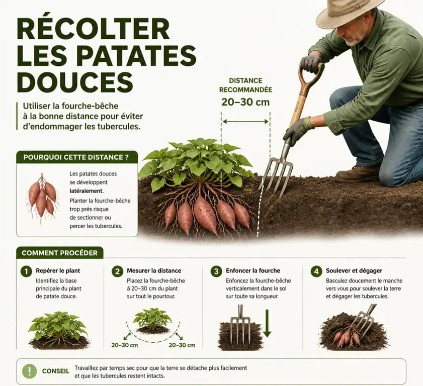 Technique de récolte des patates douces avec une fourche-bêche