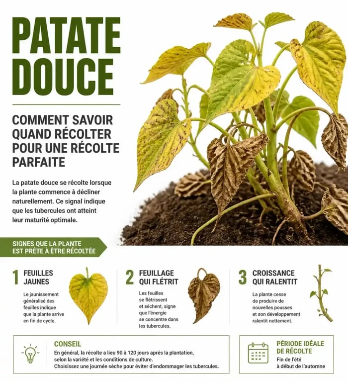 Signes de maturité de la patate douce avec feuillage jaunissant avant la récolte