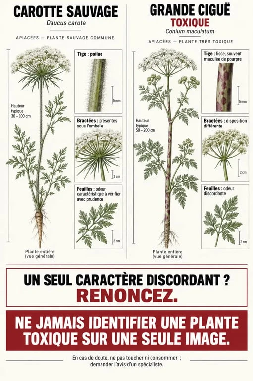 Carotte sauvage comestible et grande ciguë comparées selon les critères de sécurité