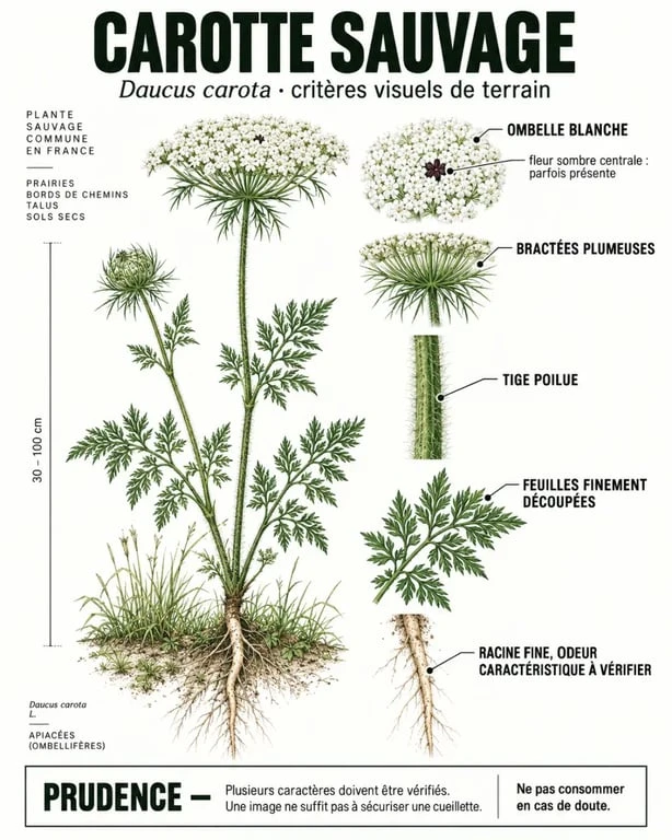 Carotte sauvage comestible avec tige, feuilles, ombelle et bractées annotées
