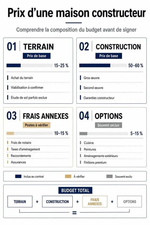 Infographie sur le prix maison constructeur avec le détail des coûts à prévoir